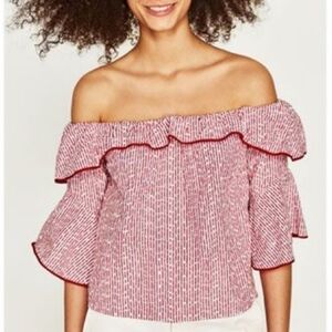 Zara red & white striped off-shoulder ruffle sleeve embroidered top- size XS